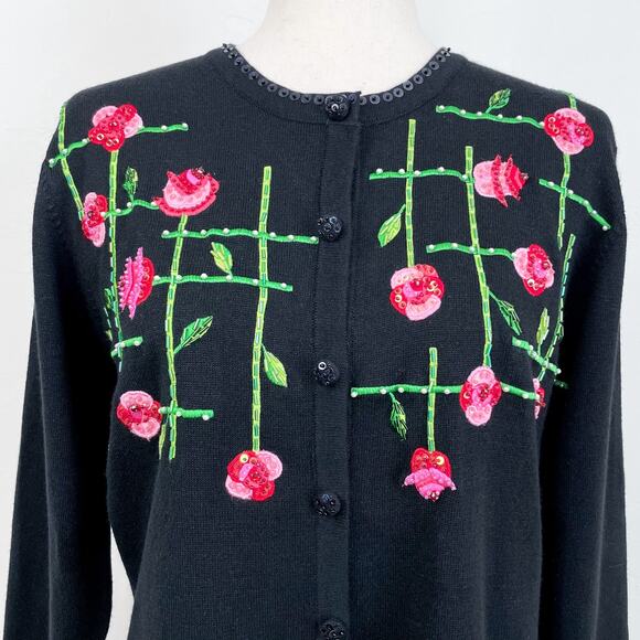 Jack B. Quick Sequin Beaded Embroidered Rose Cardigan - Picture 1 of 8